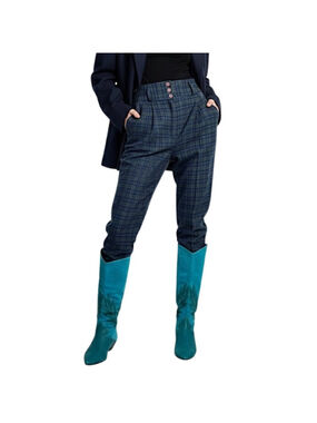 Vintage 80s 90s wool blend blue grey plaid check high rise tapered trousers 36